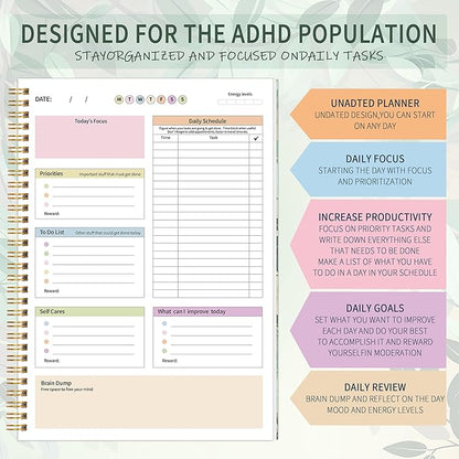 ADHD Daily Planner with Hardcover for Men & Women ,Productivity Planner & Undated Task Management Organizer Daily Schedule,Self-Care,To-Do List for Neurodivergent Adults, Focused Planners Cardboard Cover for Adult & Teens - Green Leaves