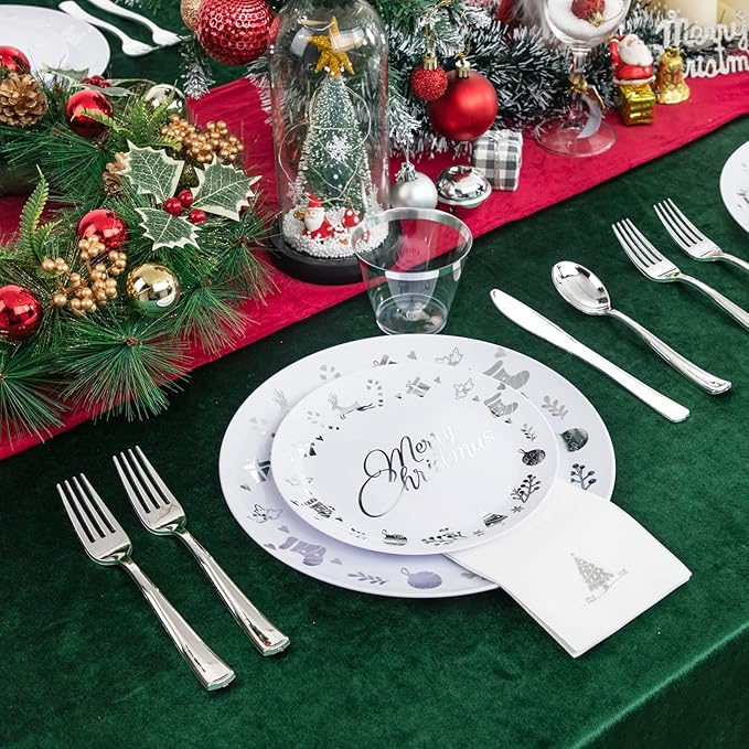 Ciaell 175PCS Christmas Plastic Plates - White and Silver Plastic Plates for 25 Guests - Include 50 Disposable Plate, 25 Knives, 25 Spoons, 25 Forks and 25 Christmas Tree Napkins for Xmas Party