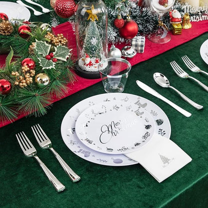 Ciaell 175PCS Christmas Plastic Plates - White and Silver Plastic Plates for 25 Guests - Include 50 Disposable Plate, 25 Knives, 25 Spoons, 25 Forks and 25 Christmas Tree Napkins for Xmas Party