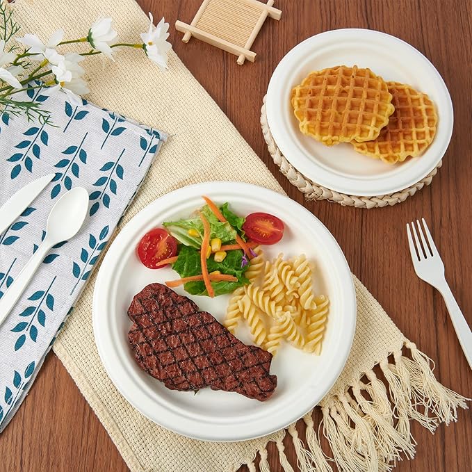 ECOLipak 9 inch 150 Pack Compostable Paper Plates, Heavy Duty Disposable Biodegradable Eco-friendly Sugarcane Bagasse Plates for Party Thanksgiving