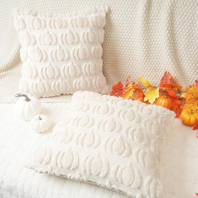 GEEORY Fall Pumpkin Throw Pillow Covers 16x16 Inch Set of 2, Autumn Soft Plush Faux Fur Wool Decorative Farmhouse Holiday Cushion Case for Home Decoration (Beige) GC002-16