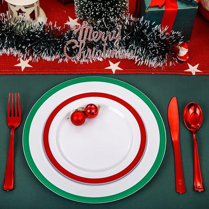 I00000 60PCS Christmas Plastic Plates, Red and Green Plastic Plates, Disposable Set Include 30 Green Dinner Plate, 30 Red Dessert Plate, Perfect for Christmas