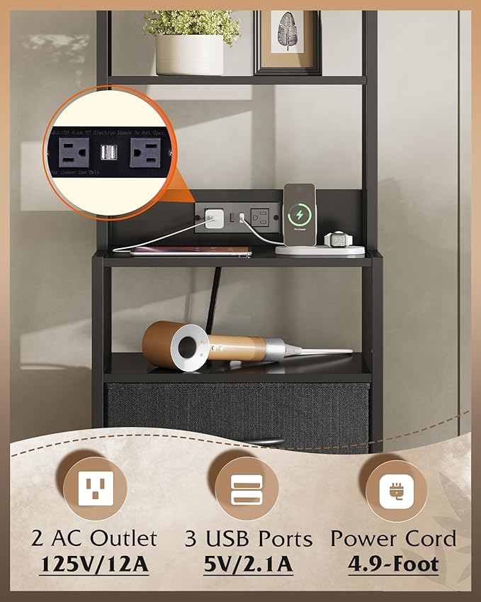 WLIVE Tall Nightstand with Charging Station, LED Night Stand with 3 Fabric Drawers and Storage Open Shelves, Bedroom Nightstand table, Bed Side Table for Living Room, Black