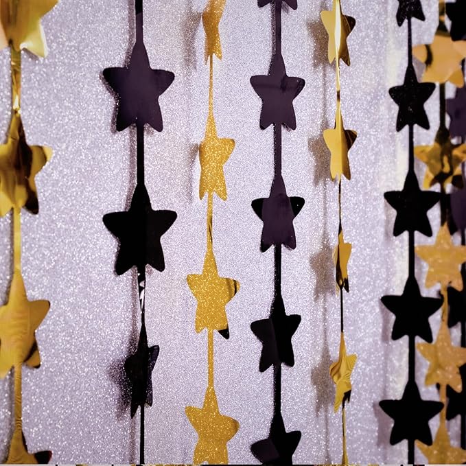LOLStar Black and Gold Star Birthday Party Decorations 2Pack 3.3X6.6 ft Golden Photo Booth Props Backdrop Streamers Star Foil Fringe Curtains for New Year 2026 Decor Men Black Yellow Party Supplies