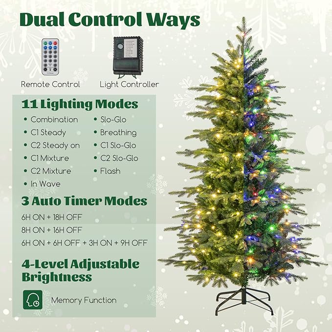 GOFLAME 6FT Prelit Artificial Christmas Tree, Hinged Xmas Tree with 714 PE & PVC Branch Tips, 260 LED Lights, 11 Lighting Modes, Remote, Holiday Decoration Tree with Timer, Adjustable Brightness