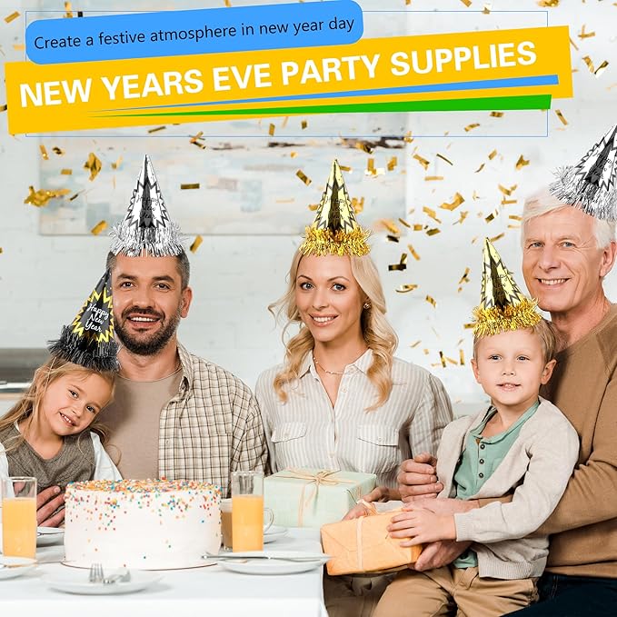 60 Pcs Happy New Year Hats Paper Cone Hat with Gold Foil Tassel New Year Eve Party Decoration for New Years Countdown Party Favors, 3 Colors