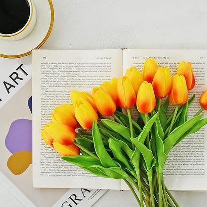 ONLY ART Artificial Sunset Tulips 20 Pcs – 13.5 Inch PU Faux Flowers with Bendable Stems for Home Décor, Wedding Centerpieces, DIY Floral Arrangements, Table Decorations