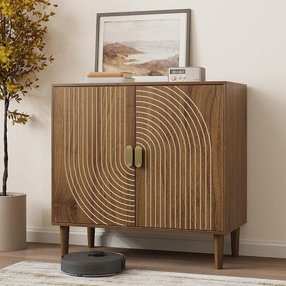 Smuxee Walnut Sideboard Cabinet, Freestanding Buffet Cabinet with Line Groove Design, Wood Storage Cabinet with Adjustable Shelf for Living Room, Entryway, Hallway