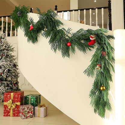 9FT Christmas Garland Artificial Norfolk Pine Garland，Handmade Real Touch Greenery Faux Pine Needles Garland for Home Table Mantle Fireplace Indoor Outdoor Christmas Decor(Dark Green)