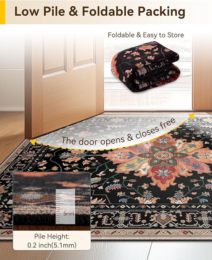 Area Rugs Square 4ft Washable Non-Slip, Floral Vintage Distress Print Pattern Medallion Carpet for Living Room Bedroom Dining Room, Black Colorful Floral Dark Tan