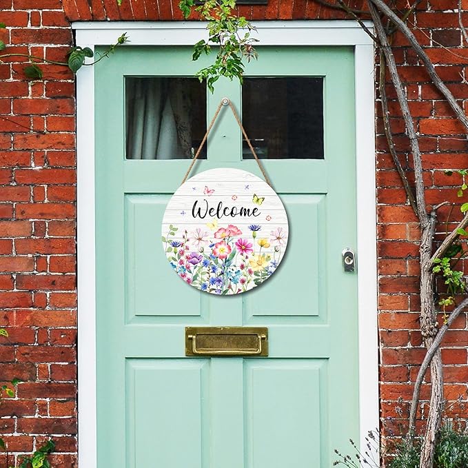 Spring Wildflowers Welcome Sign for Front Door Spring Summer Decorations Welcome Door Hanger Sign Spring Floral Butterfly Wooden Wreath Seasonal Farmhouse Wreaths for Wall Front Door Porch 12"x12"