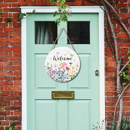 Spring Wildflowers Welcome Sign for Front Door Spring Summer Decorations Welcome Door Hanger Sign Spring Floral Butterfly Wooden Wreath Seasonal Farmhouse Wreaths for Wall Front Door Porch 12"x12"