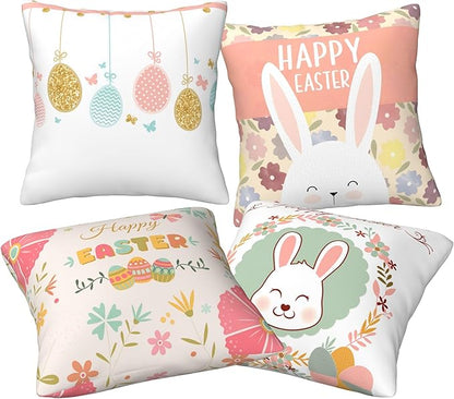 Easter Throw Pillow Covers 18 x 18 Inch Set of 4 Happy Easter Eggs Bunny Rabbits Pink Spring Decor Cushion Covers for Home Sofa Couch Decoration