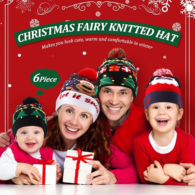 Vicenpal 6 Pcs Christmas Knitted Hat Xmas Beanie Hat Bulk Crochet Knit Cap Set Printed Wool Bulk