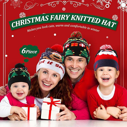 Vicenpal 6 Pcs Christmas Knitted Hat Xmas Beanie Hat Bulk Crochet Knit Cap Set Printed Wool Bulk