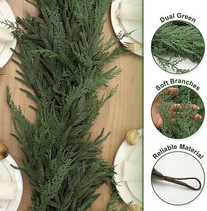 Jutom 1 PCS 9 ft Realistic Christmas Garland - Artificial Mix Norfolk Cypress Pine Needles Faux Green Garland Decorations for Table Mantel Winter Holiday, Indoor & Outdoor Decor