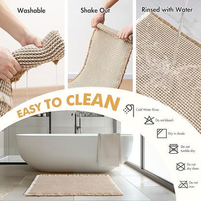 MIULEE Set of 2 Waffle Bathroom Rugs, Boho Bath Rugs Non Slip Washable, Super Absorbent Bath Mats, Ultra Soft Rubber Backed Shower Mats for Bathroom Floor, Tub, Brown & White, 17"x24"+20"x47"