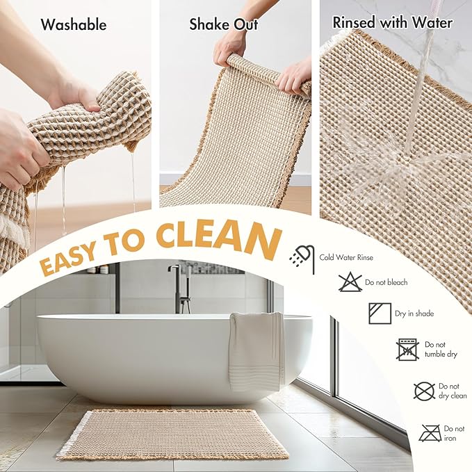MIULEE Set of 2 Waffle Bathroom Rugs, Boho Bath Rugs Non Slip Washable, Super Absorbent Bath Mats, Ultra Soft Rubber Backed Shower Mats for Bathroom Floor, Tub, Brown & White, 17x24 Inch
