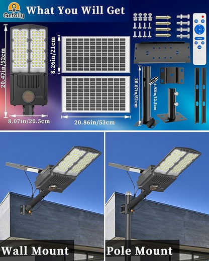 Gefolly SL-8500W Solar Street Light Outdoor 500000LM Commercial Parking Lot Lights Dusk to Dawn 6500K Flood Security Light IP67 Lamp with Motion Sensor for Basketball Court, Yard, Road