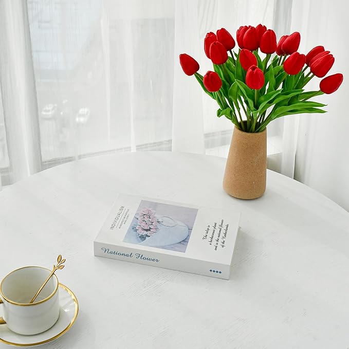 ONLY ART Artificial Red Tulips 20 Pcs – 13.5 Inch PU Faux Flowers with Bendable Stems for Home Décor, Wedding Centerpieces, DIY Floral Arrangements, Table Decorations