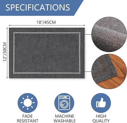 Tosewever Set of 4 Decorative Linen Placemats 12 x 18 Inches, Farmhouse Style Table Mats for Everyday Dining Wedding Party Holiday Home Decor (4 Pieces 12 x 18”, Grey/Straight)