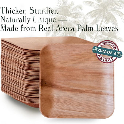 Disposable Palm Leaf Plates - 50 Pack - 8 Inch Square - Compostable & Biodegradable - Heavy Duty, Eco-Friendly, Microwave Safe - Like Bamboo Plates - Perfect for Events & Parties