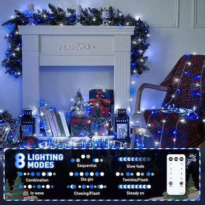 JMEXSUSS Connectable Blue and White Christmas Lights, 8 Modes 100 LED Twinkle String Lights Indoor, Clear Wire Plug-in Christmas String Lights Outdoor Waterproof