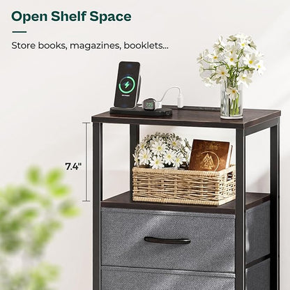 Huuger Nightstands Set of 2, End Tables with Charging Station, Fabric Drawers, Bedside Tables with USB Ports and Outlets, Night Stands for Bedroom, Walnut