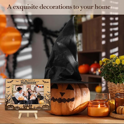 Halloween Picture Frame, 4×6 Pumpkin Wooden Photo Frame for Home Decor Tabletop Display, Spooky Haunted House Gifts for Family Friends - A05