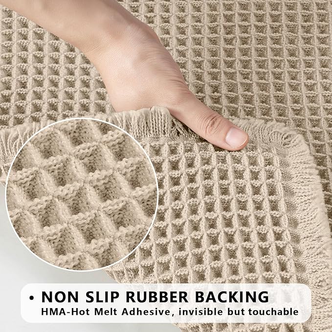 MIULEE Set of 2 Waffle Bathroom Rugs, Boho Bath Rugs Non Slip Washable, Super Absorbent Bath Mats, Ultra Soft Rubber Backed Shower Mats for Bathroom Floor, Tub, Pale Beige, 17"x24"+18"x30"