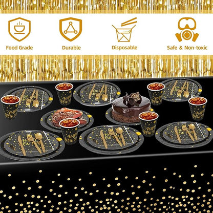 212 Piece New Year Paper Plates and Napkins Disposable Dinnerware Set Serve 30, Includes Happy New Year Plates Napkins Tablecloths Cups Knife Fork Spoon New Years Eve Party Supplies Decorations
