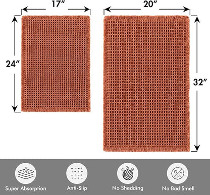 MIULEE Orange Set of 2 Waffle Bathroom Rugs, Boho Bath Rugs Non Slip Washable, Super Absorbent Bath Mats, Ultra Soft Rubber Backed Shower Mats for Bathroom Floor, Tub, 17"x24"+20"x32"