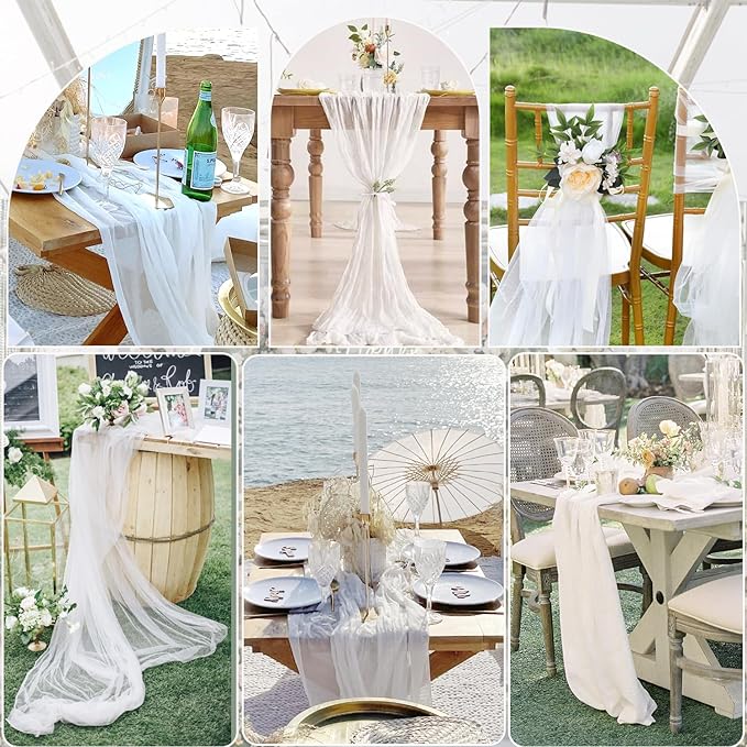 10 Pack White Christmas Table Runner 10FT Long Boho Gauze Table Runner Rustic Sheer White Cheesecloth Runner for Wedding Bridal Baby Shower Birthday Party Thanksgiving Christmas Table Decor
