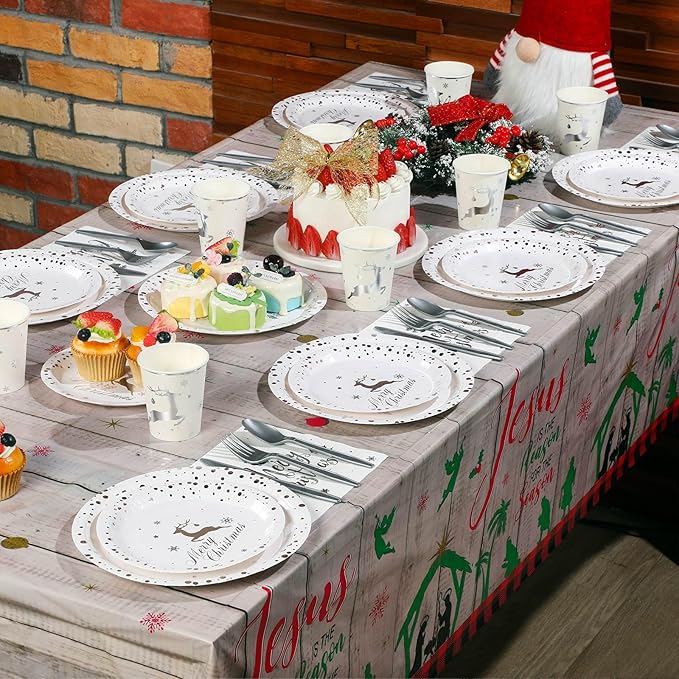 175 Pcs Merry Christmas Party Dinnerware Foil Dots Christmas Paper Plates Set Elk Disposable Xmas Plates Napkins Cups for New Year Wedding Birthday Baby Shower Party Supplies Decoration (White Silver)