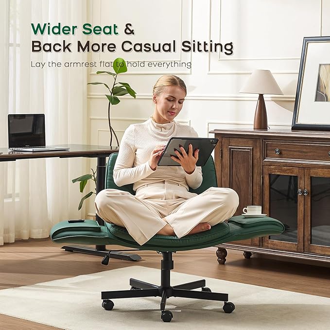 Criss Cross Chair with Armrests & Wheels, Adjustable Swivel Comfortable Lounge Vanity Chairs, Home Office Desk Chair, Medieval Style, (Christmas Green)