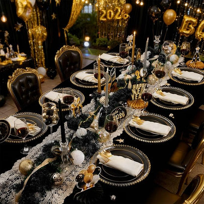 WDF 300PCS Black and Gold Plates - Black Plastic Plates for Party - 50guest Disposable Dinnerware Sets for Party/Wedding/New Year