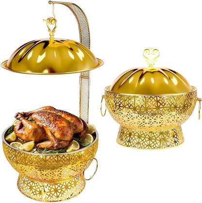 8QT Golden Chafing Dishes for Buffet, Round Stainless Steel Chafing Dish Set for Parties, Christmas Gatherings, Home, Catering Events Complete Buffet Warmer Colder Set (2)