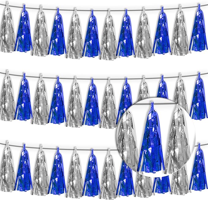 3P Navy-Blue Silver Tassel Banner Garland Metallic Foil Fringe Banner Tinsel Tassels Streamer Banner Backdrop for Parade Floats, Graduation Bridal/Baby Shower Retirement Party Decorations