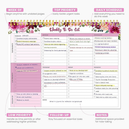 Weekly To Do List Notepad with 52 Undated Sheets（8.5"×11"）- Undated Weekly Planner Notepad for Office Desk Accessories and Supplies - Pink Whisper