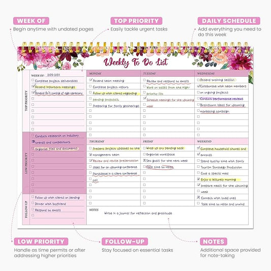 Weekly To Do List Notepad with 52 Undated Sheets（8.5"×11"）- Undated Weekly Planner Notepad for Office Desk Accessories and Supplies - Pink Whisper