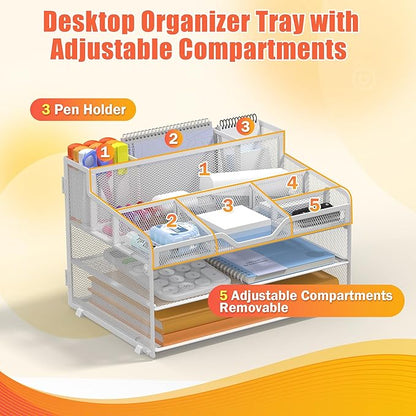 Docnest 3 Tier Mesh Desk Organizer for Paper Office Supplies – Multi-Functional Letter Tray with 5 Adjustable Compartments, 3 Pen Holders, Desktop Storage for Files, Mail, Stationery – White