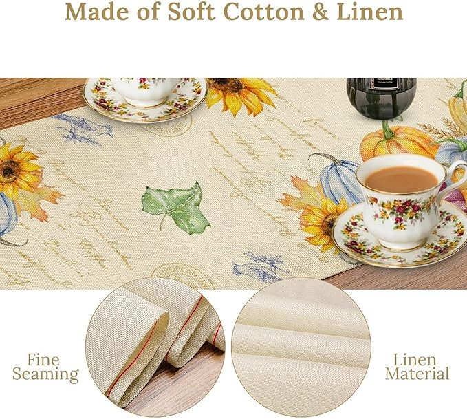 Fall Table Runner Watercolor Pumpkins Sunflowers Maple Leaves Baroque Floral Birds Country Thanksgiving Home Decor for Farmhouse Indoor Outdoor Party Holiday Dining Kitchen Restaurant Cafe W13xL36in