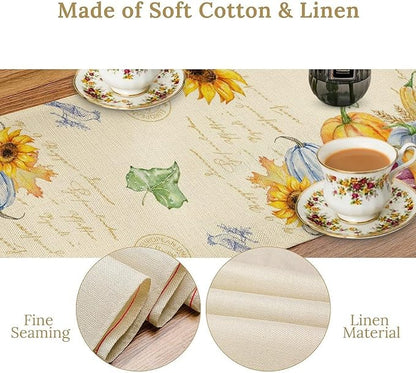 Fall Table Runner Watercolor Pumpkins Sunflowers Maple Leaves Baroque Floral Birds Country Thanksgiving Home Decor for Farmhouse Indoor Outdoor Party Holiday Dining Kitchen Restaurant Cafe W13xL72in