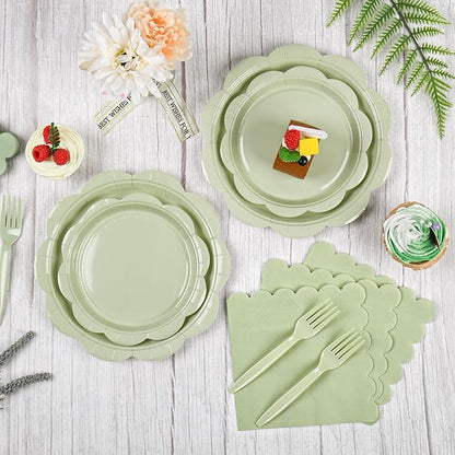 96 Pcs Sage Green Paper Plates and Napkins Set Party Supplies, Tableware set for 24 Guest include Disposable Sage Green Scalloped Plates, Napkins and Forks for Baby Shower Bridal Shower Wedding