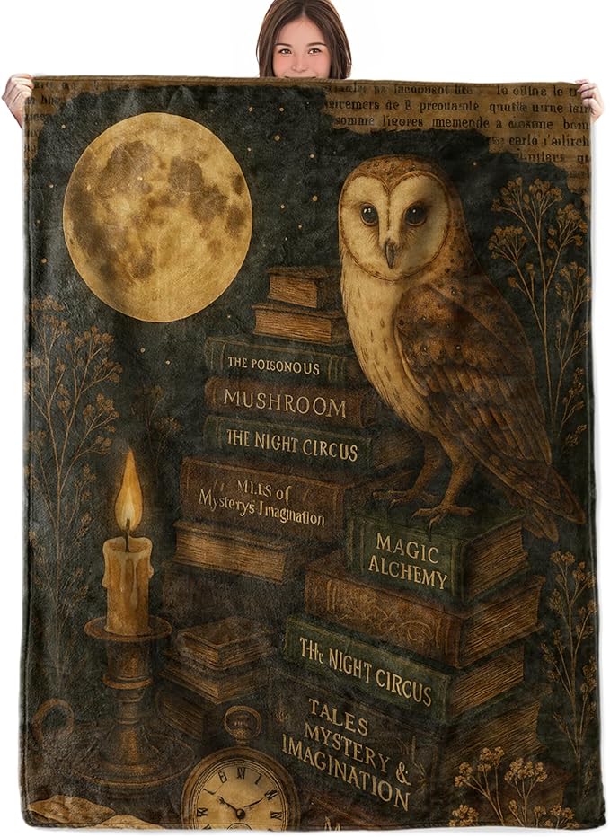 Mystical Owl and Moon Throw Blanket Gifts for Boys Girls Kids Adults, Vintage Magic Books Theme Flannel Blankets for Travel Sofa Living Room Decor 50"X60"