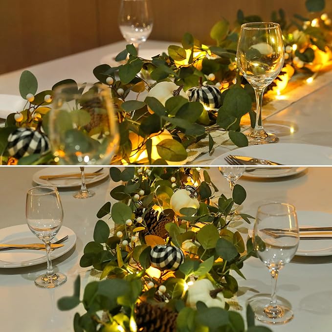 Fall Garland with Lights,Eucalyptus Garland with Berries Pumpkins Pinecone，Farmhouse Mantle Table Garlands for Thanksgiving Christmas Home Decor