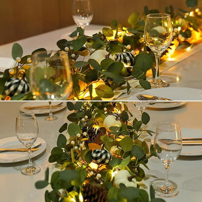 Fall Garland with Lights,Eucalyptus Garland with Berries Pumpkins Pinecone，Farmhouse Mantle Table Garlands for Thanksgiving Christmas Home Decor