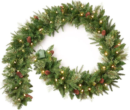 9Ft Pre-lit Christmas Garland with 50 LED Lights Battery Operated,Holiday Decoration Stairs Wall Mantle Door Indoor Outdoor
