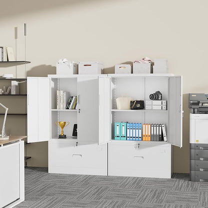 INTERGREAT Metal Storage Cabinet with Drawer,52" H*32" W*16" D File Cabinets,Steel Locking Storage Cabinet with Doors and Shelves for Home,Office,Garage,School,Fit A4/Letter/Legal File (White)