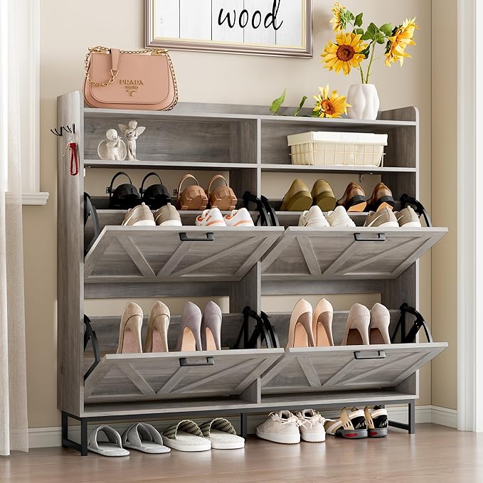 Shoe Cabinet with 4 Flip Drawers Narrow Shoe Storage Cabinet Organizer Wooden Freestanding Shoe Rack Hidden Slim Shoes Storage Cabinet for Entryway, Hallway, Living Room, Bedroom